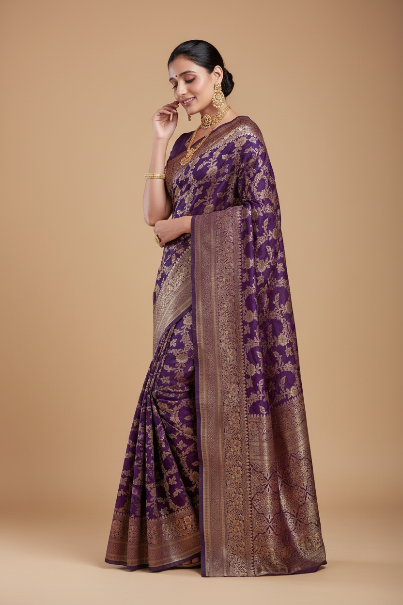 Snuggle Spot Women's Jacquard Printed Saree With Unstitched Blouse 5.5Mtr (Purple)