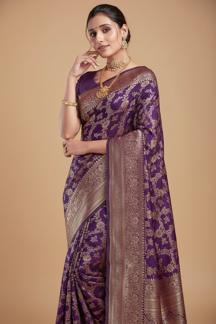 Snuggle Spot Women's Jacquard Printed Saree With Unstitched Blouse 5.5Mtr (Purple)