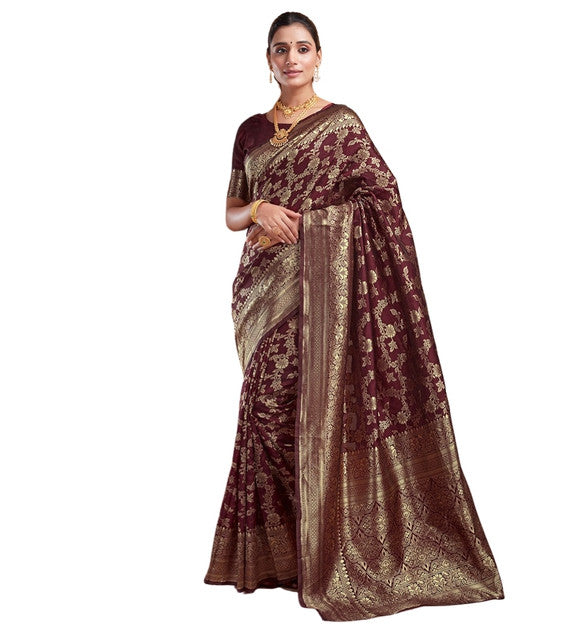 Snuggle SpotWomen's Jacquard Printed Saree With Unstitched Blouse 5.5Mtr (Maroon)