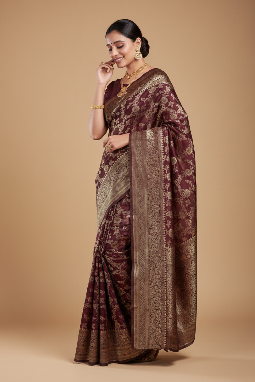 Snuggle Spot Women's Jacquard Printed Saree With Unstitched Blouse 5.5Mtr (Maroon)
