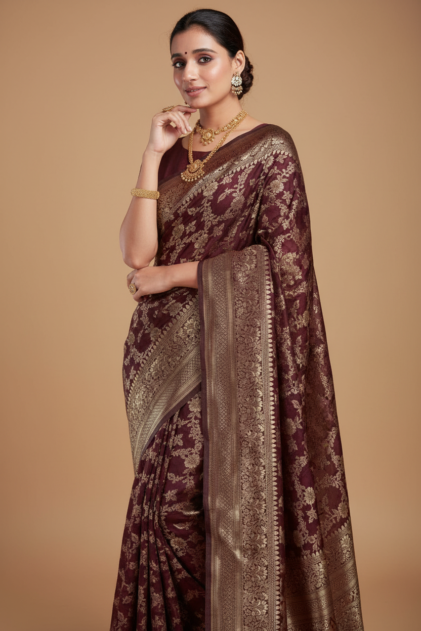 Snuggle Spot Women's Jacquard Printed Saree With Unstitched Blouse 5.5Mtr (Maroon)