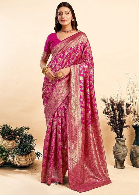 Snuggle SpotWomen's Jacquard Printed Saree With Unstitched Blouse 5.5Mtr (Pink)