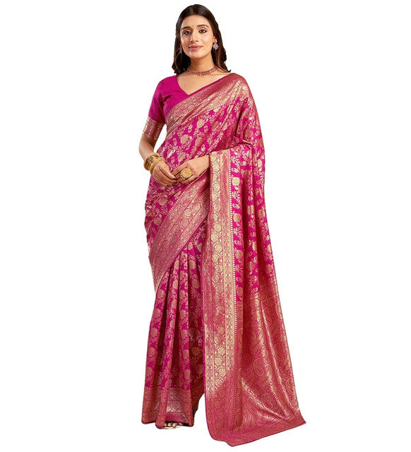 Snuggle SpotWomen's Jacquard Printed Saree With Unstitched Blouse 5.5Mtr (Pink)