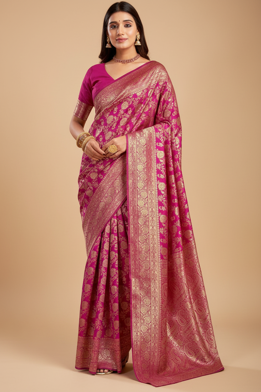 Snuggle Spot Women's Jacquard Printed Saree With Unstitched Blouse 5.5Mtr (Pink)