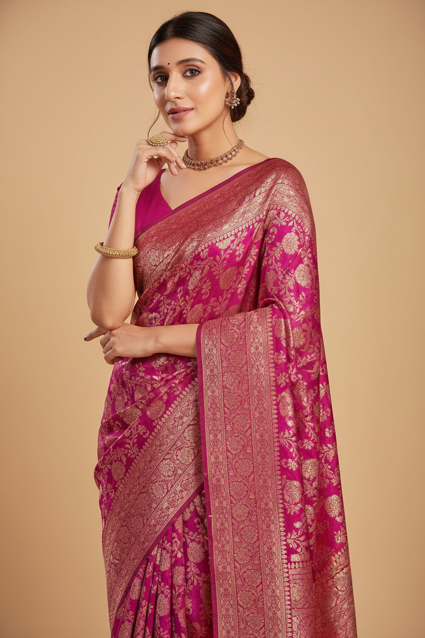 Snuggle Spot Women's Jacquard Printed Saree With Unstitched Blouse 5.5Mtr (Pink)