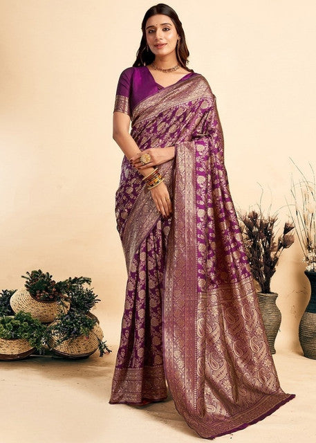 Snuggle SpotWomen's Jacquard Printed Saree With Unstitched Blouse 5.5Mtr (Purple)