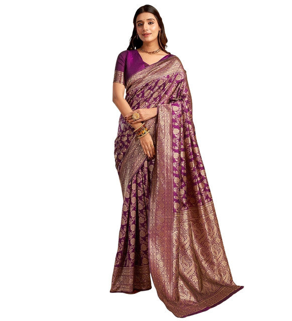 Snuggle SpotWomen's Jacquard Printed Saree With Unstitched Blouse 5.5Mtr (Purple)