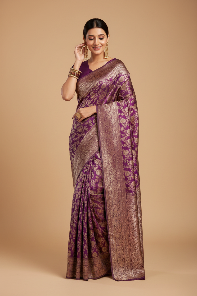 Snuggle Spot Women's Jacquard Printed Saree With Unstitched Blouse 5.5Mtr (Purple)