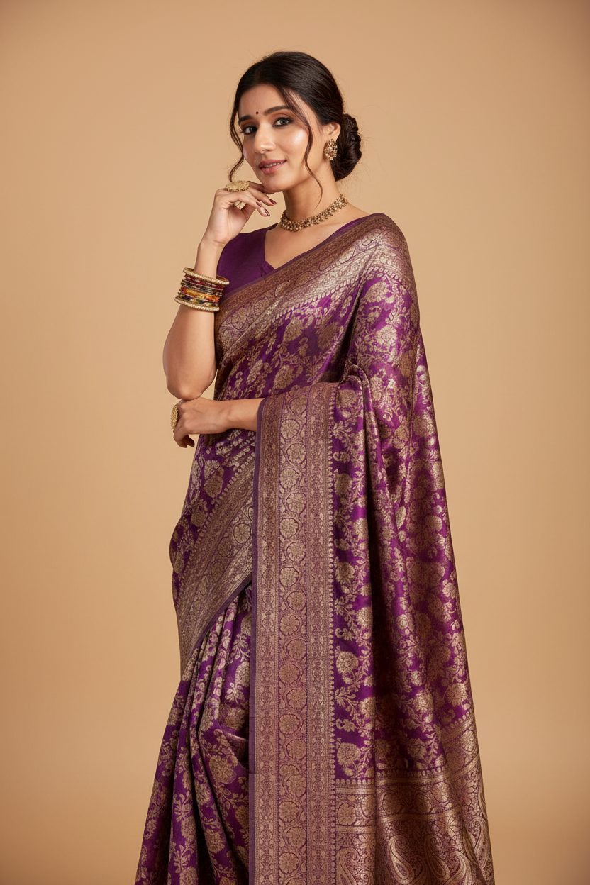 Snuggle Spot Women's Jacquard Printed Saree With Unstitched Blouse 5.5Mtr (Purple)