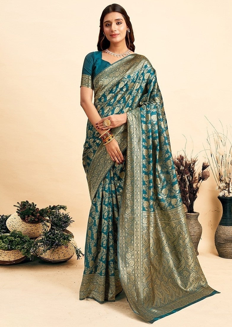 Snuggle SpotWomen's Jacquard Printed Saree With Unstitched Blouse 5.5Mtr (Teal)