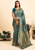 Snuggle SpotWomen's Jacquard Printed Saree With Unstitched Blouse 5.5Mtr (Teal)