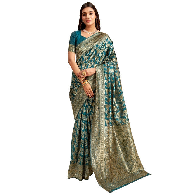 Snuggle SpotWomen's Jacquard Printed Saree With Unstitched Blouse 5.5Mtr (Teal)