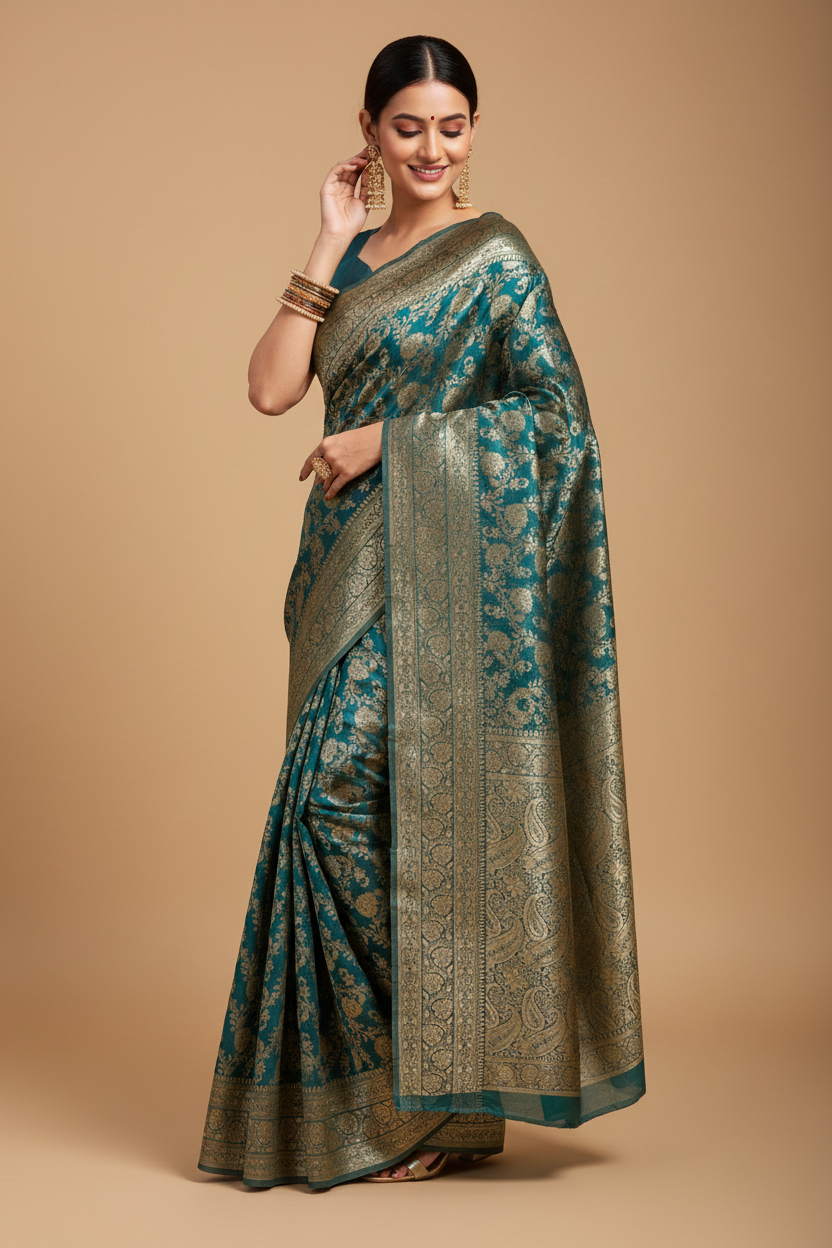 Snuggle Spot Women's Jacquard Printed Saree With Unstitched Blouse 5.5Mtr (Teal)