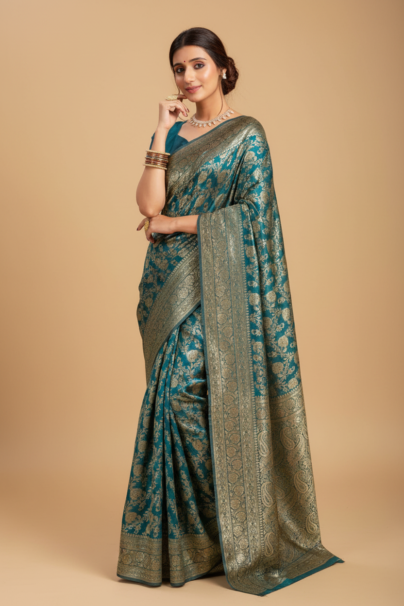 Snuggle Spot Women's Jacquard Printed Saree With Unstitched Blouse 5.5Mtr (Teal)
