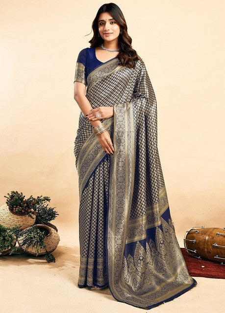 Snuggle SpotWomen's Jacquard Printed Saree With Unstitched Blouse 5.5Mtr (Navy Blue)