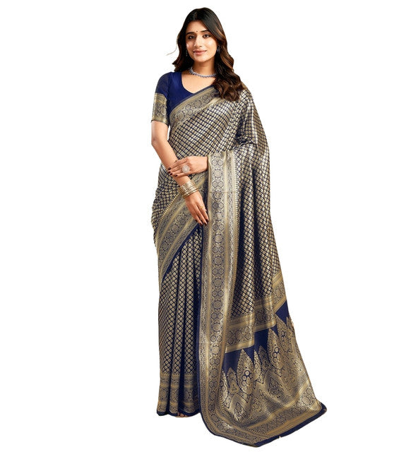 Snuggle SpotWomen's Jacquard Printed Saree With Unstitched Blouse 5.5Mtr (Navy Blue)