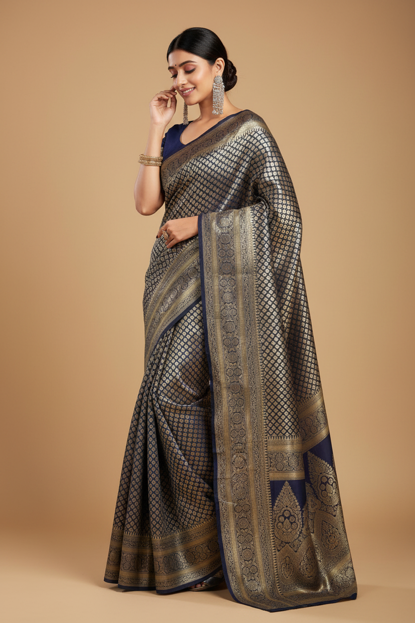 Snuggle Spot Women's Jacquard Printed Saree With Unstitched Blouse 5.5Mtr (Navy Blue)