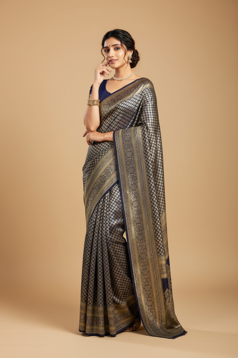 Snuggle Spot Women's Jacquard Printed Saree With Unstitched Blouse 5.5Mtr (Navy Blue)