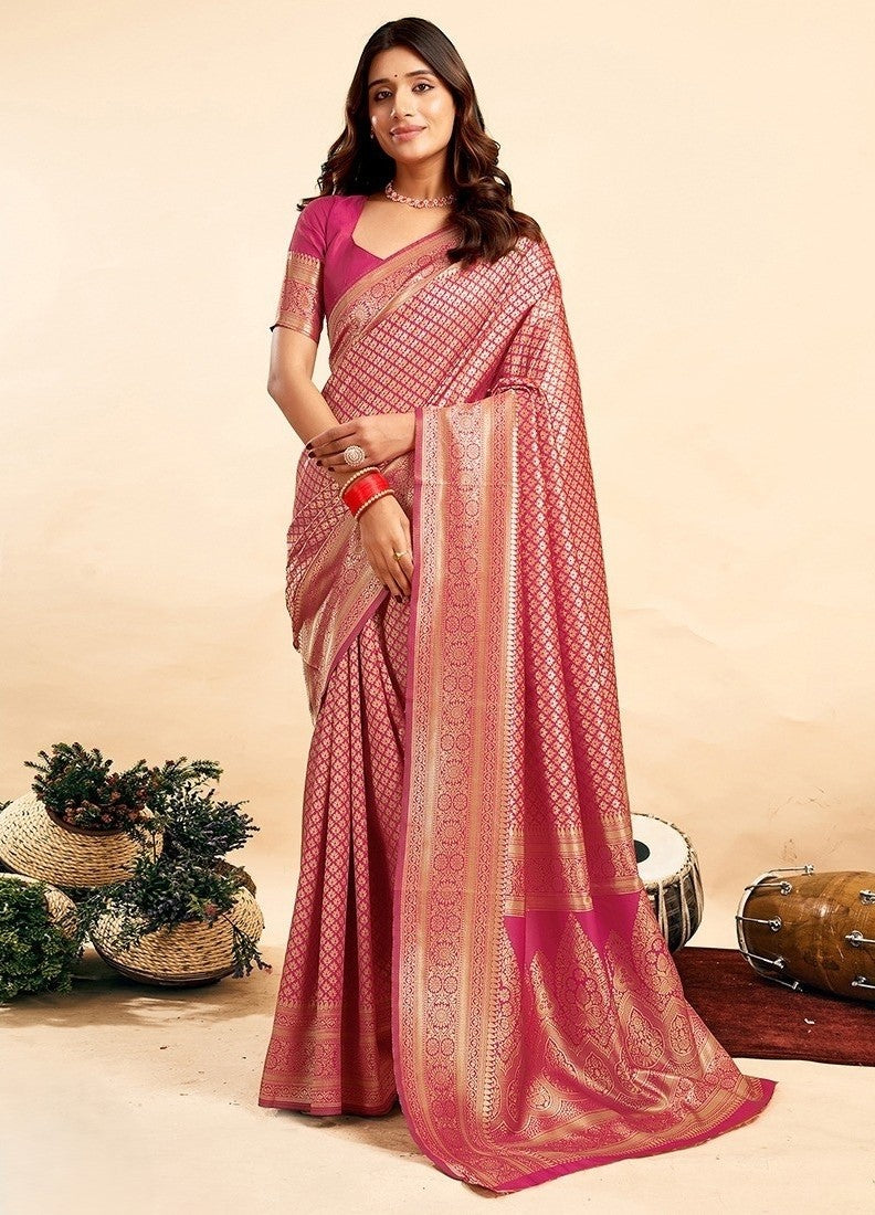 Snuggle SpotWomen's Jacquard Printed Saree With Unstitched Blouse 5.5Mtr (Pink)