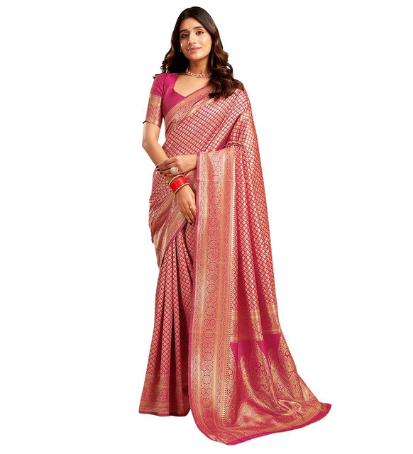 Snuggle SpotWomen's Jacquard Printed Saree With Unstitched Blouse 5.5Mtr (Pink)