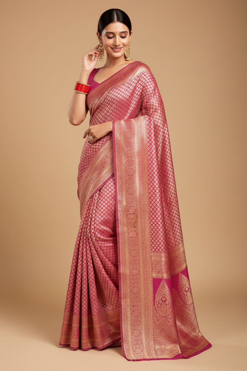 Snuggle Spot Women's Jacquard Printed Saree With Unstitched Blouse 5.5Mtr (Pink)