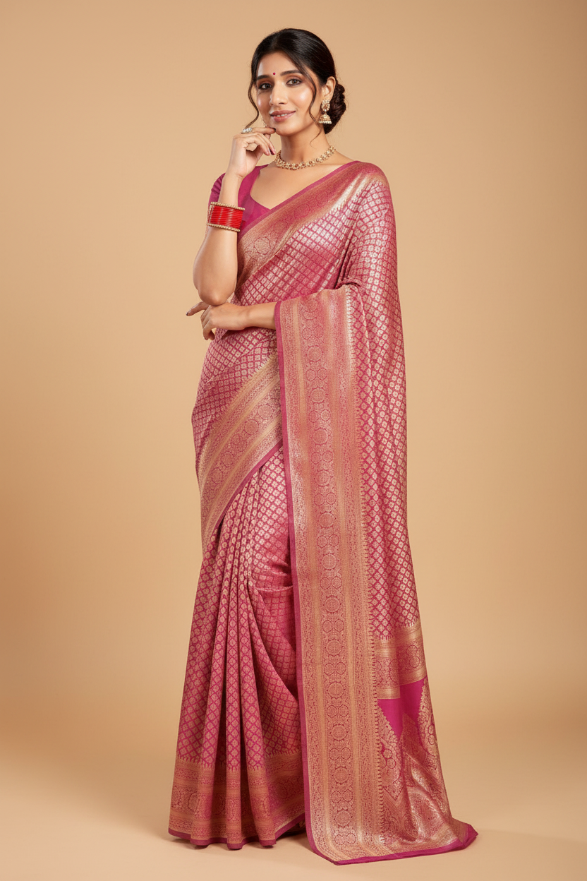 Snuggle Spot Women's Jacquard Printed Saree With Unstitched Blouse 5.5Mtr (Pink)