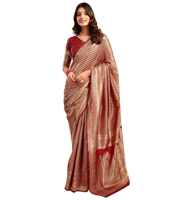 Snuggle SpotWomen's Jacquard Printed Saree With Unstitched Blouse 5.5Mtr (Maroon)