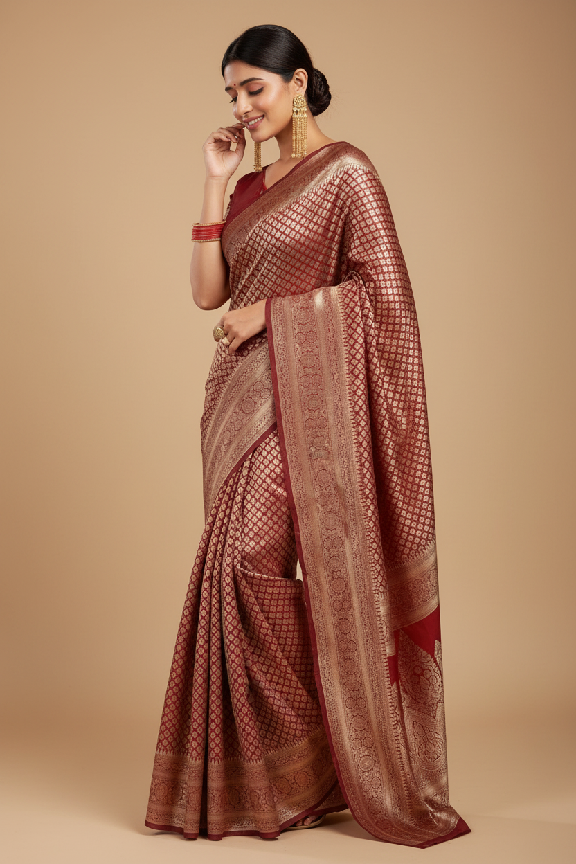 Snuggle Spot Women's Jacquard Printed Saree With Unstitched Blouse 5.5Mtr (Maroon)