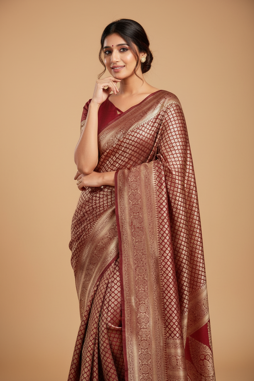 Snuggle Spot Women's Jacquard Printed Saree With Unstitched Blouse 5.5Mtr (Maroon)