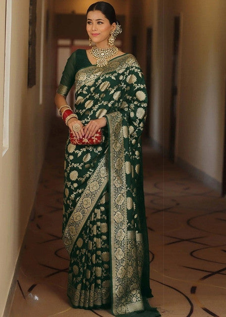 Snuggle SpotWomen's Jacquard Printed Saree With Unstitched Blouse 5.5Mtr (Bottle Green)