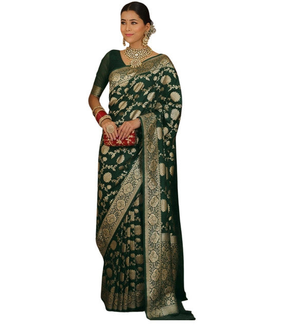 Snuggle SpotWomen's Jacquard Printed Saree With Unstitched Blouse 5.5Mtr (Bottle Green)