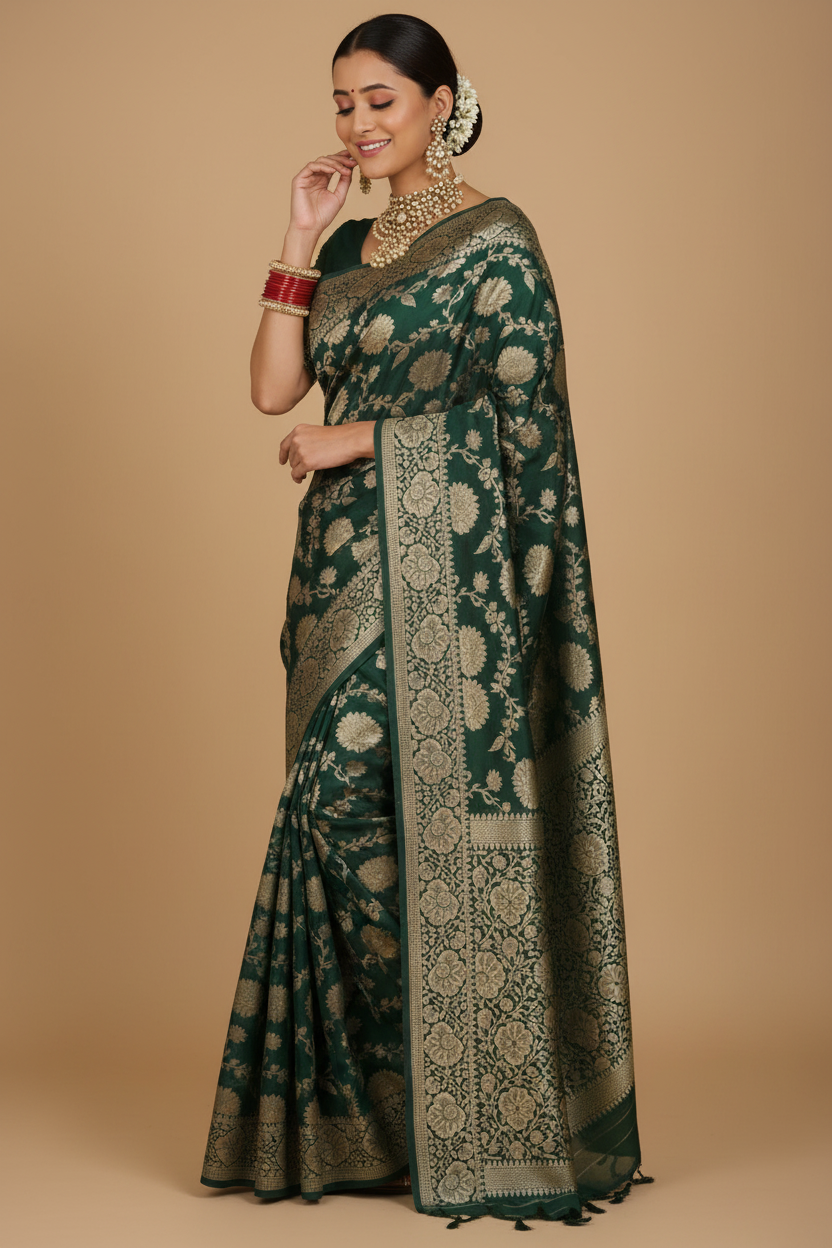 Snuggle Spot Women's Jacquard Printed Saree With Unstitched Blouse 5.5Mtr (Bottle Green)