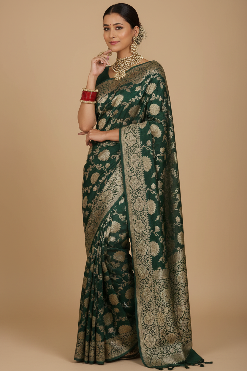Snuggle Spot Women's Jacquard Printed Saree With Unstitched Blouse 5.5Mtr (Bottle Green)