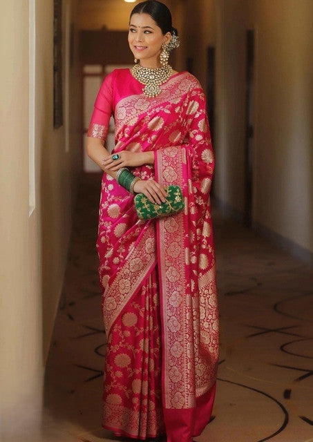 Snuggle SpotWomen's Jacquard Printed Saree With Unstitched Blouse 5.5Mtr (Pink)