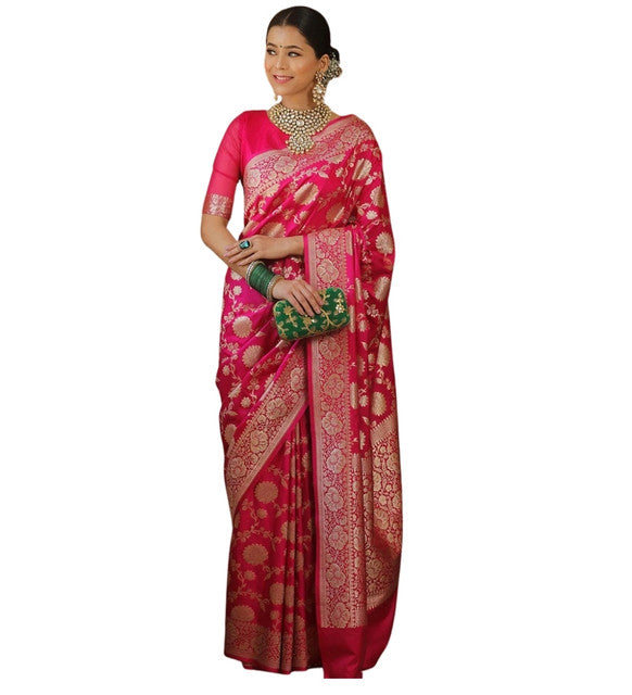 Snuggle SpotWomen's Jacquard Printed Saree With Unstitched Blouse 5.5Mtr (Pink)