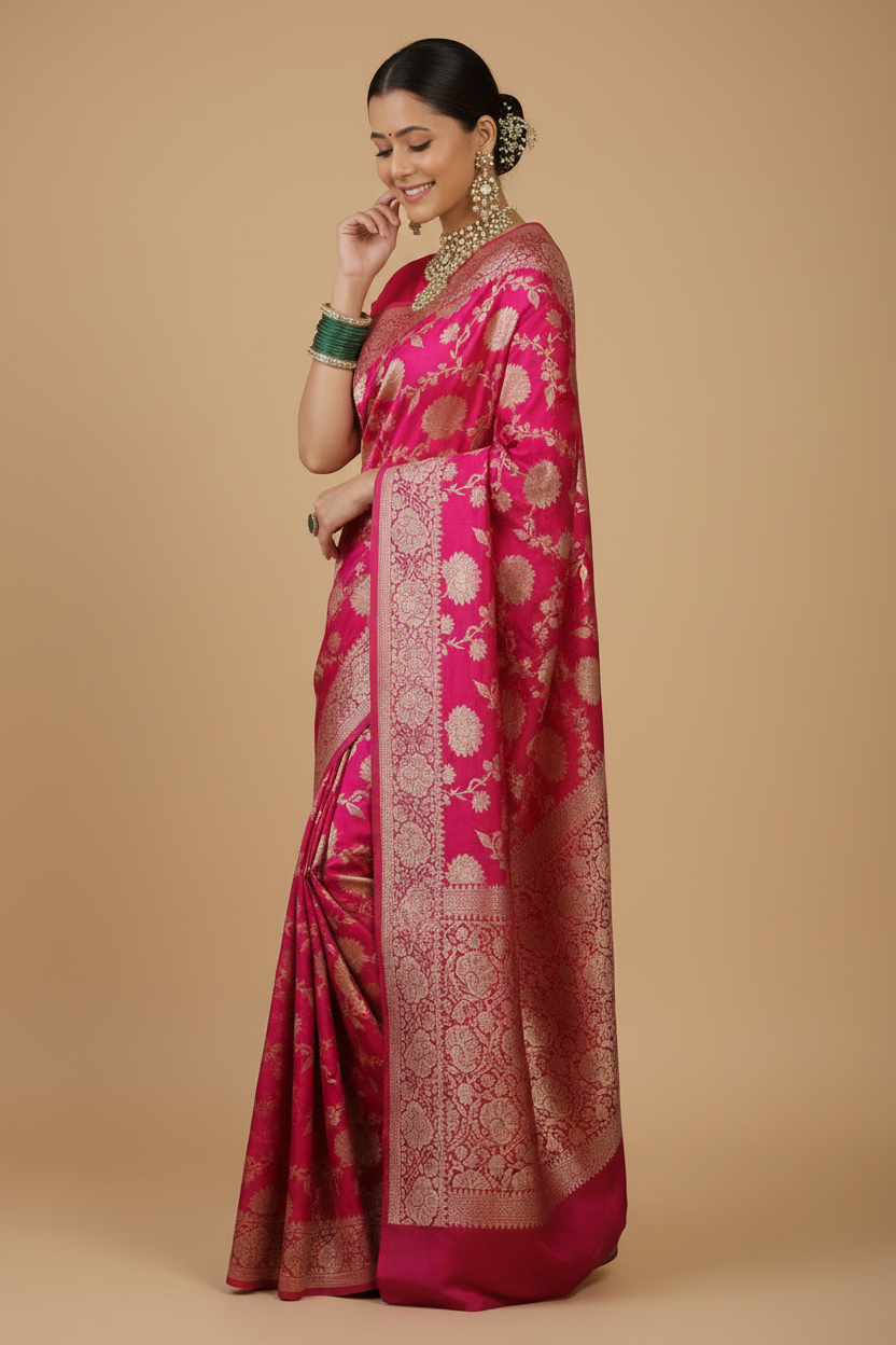 Snuggle Spot Women's Jacquard Printed Saree With Unstitched Blouse 5.5Mtr (Pink)