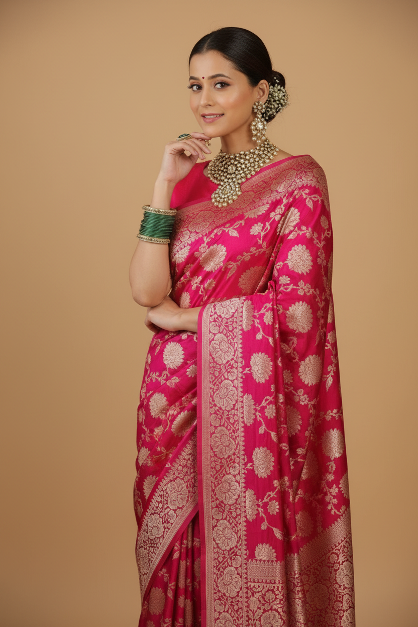 Snuggle Spot Women's Jacquard Printed Saree With Unstitched Blouse 5.5Mtr (Pink)