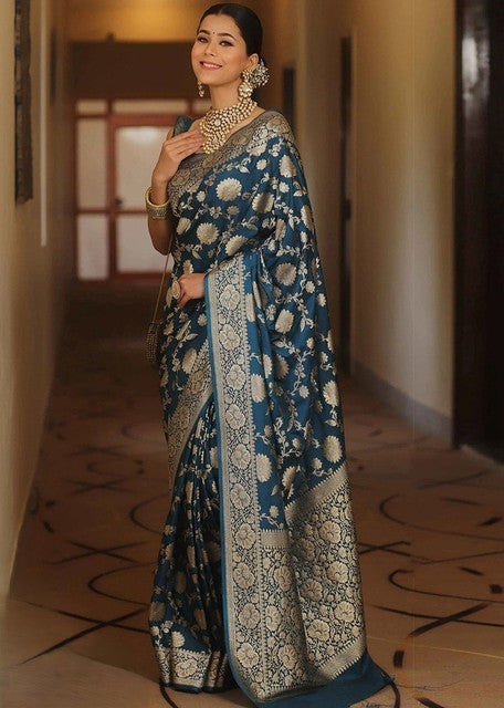 Snuggle SpotWomen's Jacquard Printed Saree With Unstitched Blouse 5.5Mtr (Teal)