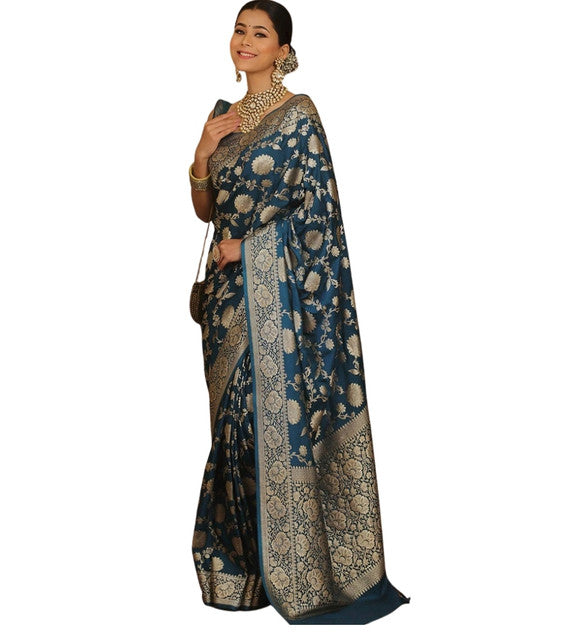 Snuggle SpotWomen's Jacquard Printed Saree With Unstitched Blouse 5.5Mtr (Teal)