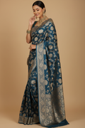 Snuggle Spot Women's Jacquard Printed Saree With Unstitched Blouse 5.5Mtr (Teal)