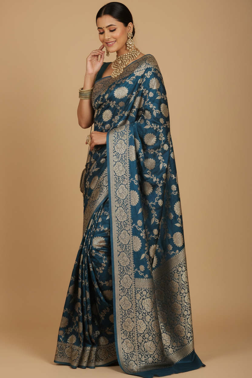 Snuggle Spot Women's Jacquard Printed Saree With Unstitched Blouse 5.5Mtr (Teal)