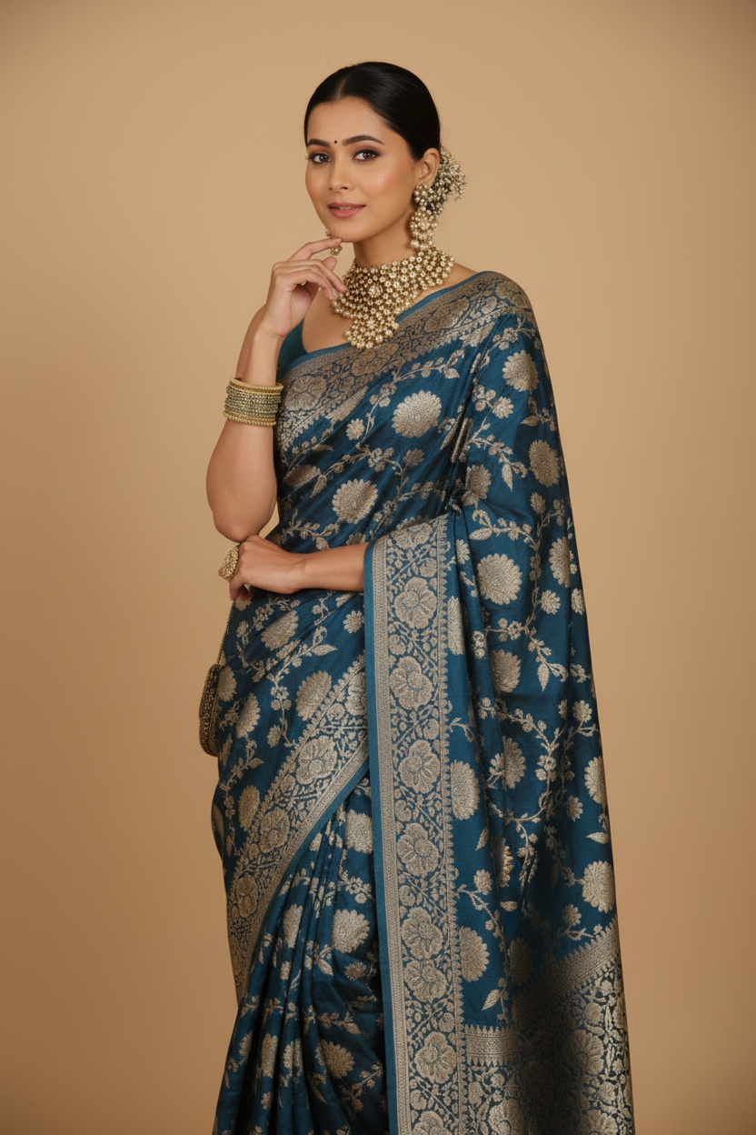 Snuggle Spot Women's Jacquard Printed Saree With Unstitched Blouse 5.5Mtr (Teal)