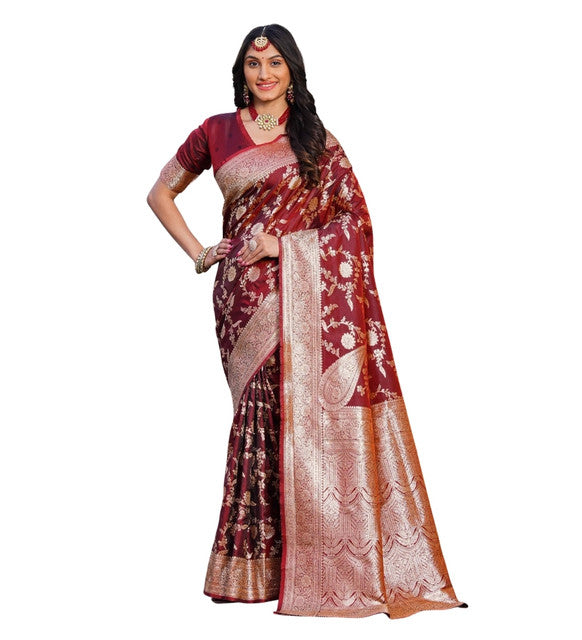 Snuggle SpotWomen's Jacquard Printed Saree With Unstitched Blouse 5.5Mtr (Maroon)