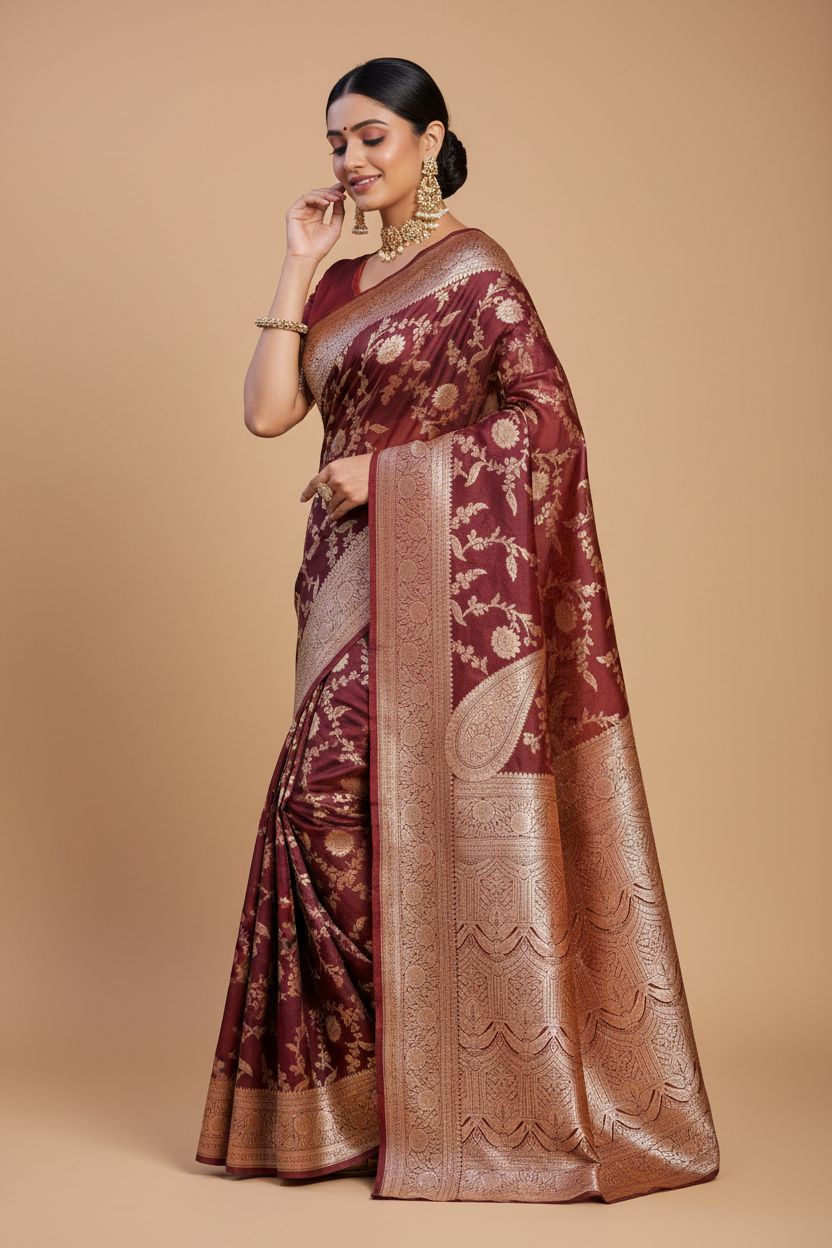 Snuggle Spot Women's Jacquard Printed Saree With Unstitched Blouse 5.5Mtr (Maroon)