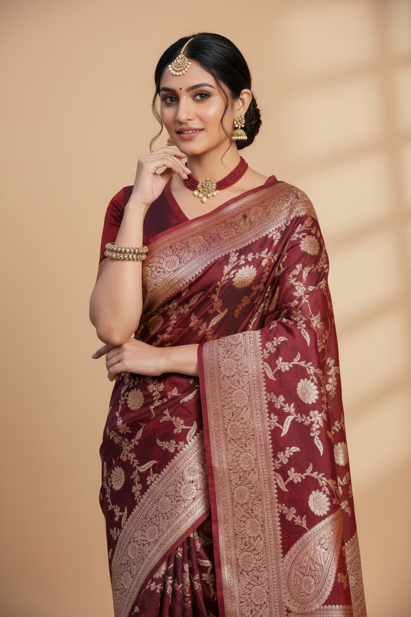 Snuggle Spot Women's Jacquard Printed Saree With Unstitched Blouse 5.5Mtr (Maroon)