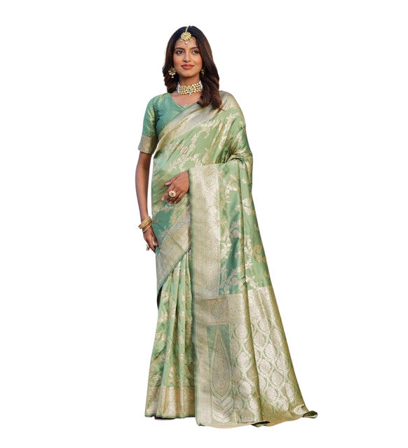 Snuggle SpotWomen's Jacquard Printed Saree With Unstitched Blouse 5.5Mtr (Pista Green)