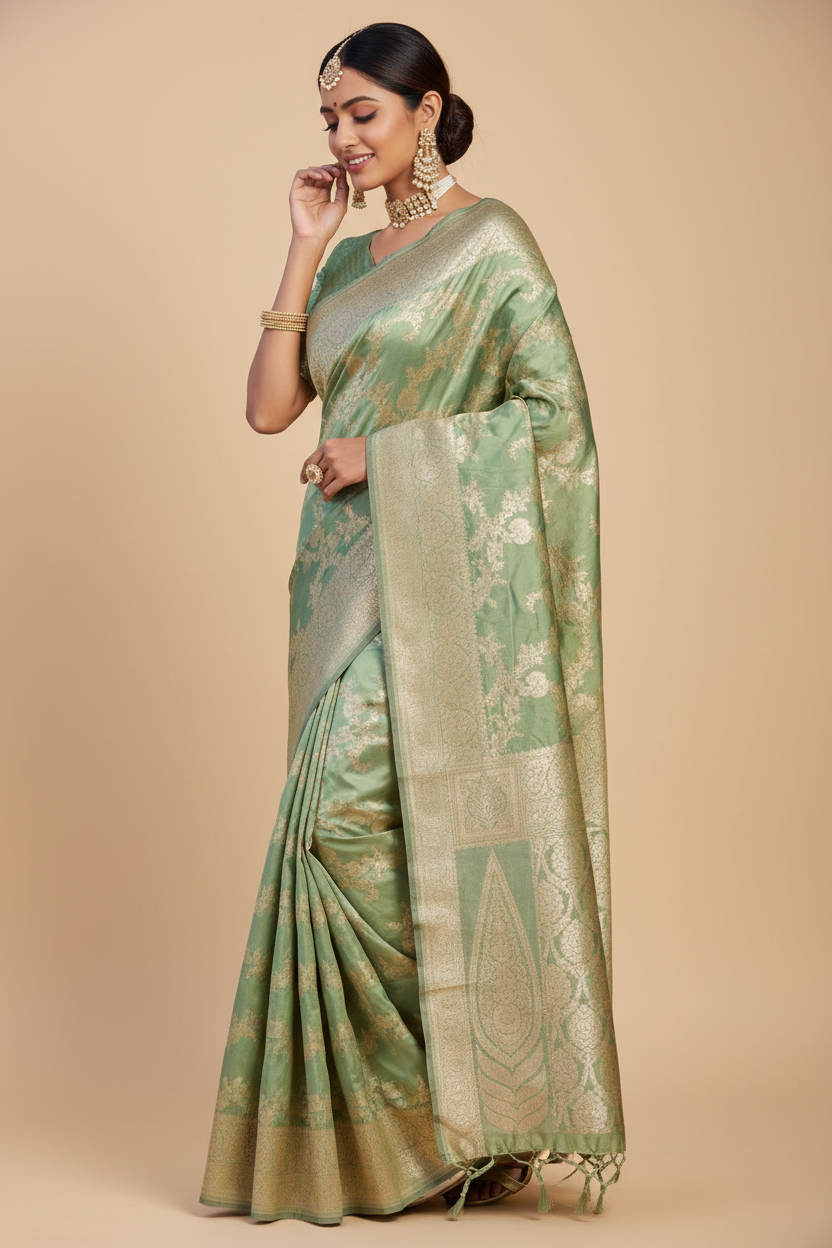 Snuggle Spot Women's Jacquard Printed Saree With Unstitched Blouse 5.5Mtr (Pista Green)