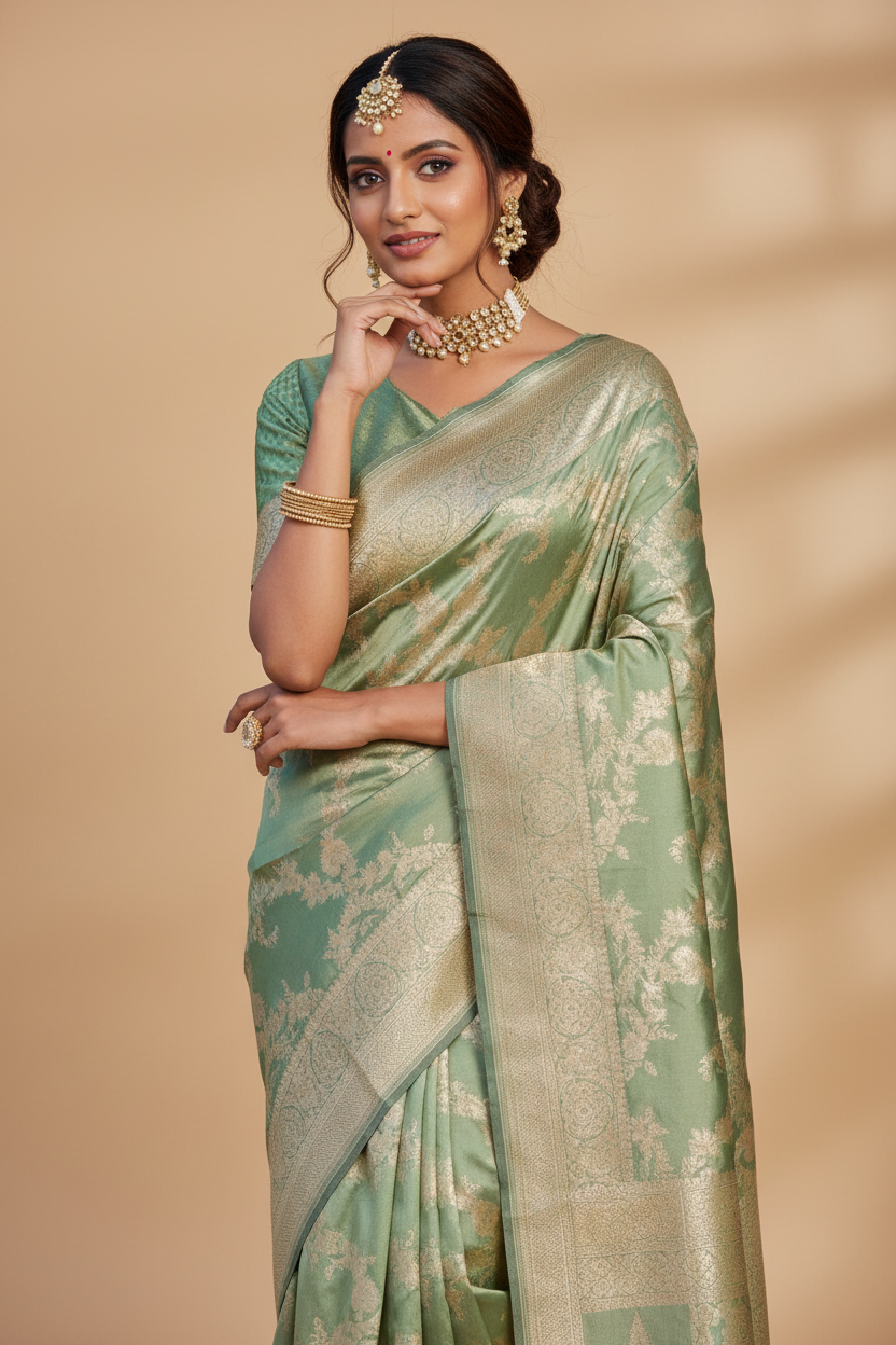 Snuggle Spot Women's Jacquard Printed Saree With Unstitched Blouse 5.5Mtr (Pista Green)