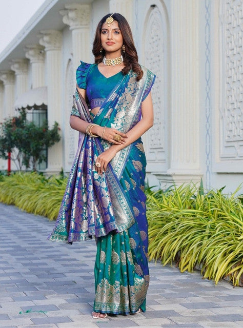 Snuggle SpotWomen's Jacquard Printed Saree With Unstitched Blouse 5.5Mtr (Royal-Teal)
