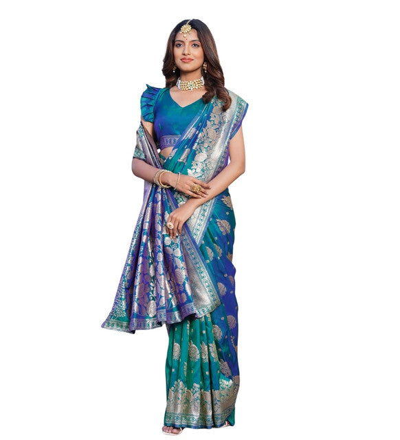 Snuggle SpotWomen's Jacquard Printed Saree With Unstitched Blouse 5.5Mtr (Royal-Teal)